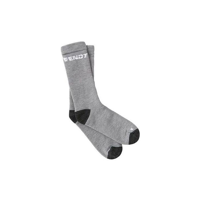 The Fendt - Trekking Protect Socks (X99102023C) by AGCO come in gray with black heels and toes, and feature white text near the top. These socks are designed with KEVLAR reinforcement for added durability, along with superior moisture transport to keep your feet dry.