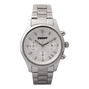 The AGCO Fendt Women's Chronograph Silver (X991020298000) is a stylish wristwatch made of silver stainless steel, featuring a white dial with three subdials, a date display between the 4 and 5 o'clock positions, three control buttons on the right side, and water resistance.