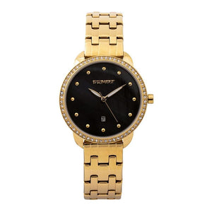 AGCO's Fendt Women’s wristwatch gold (X991020299000) boasts a gold-coloured bracelet, black dial with gold hour markers, and a date window at 6 o'clock. The bezel is adorned with small crystals, and its Japanese quartz movement ensures precise timekeeping.