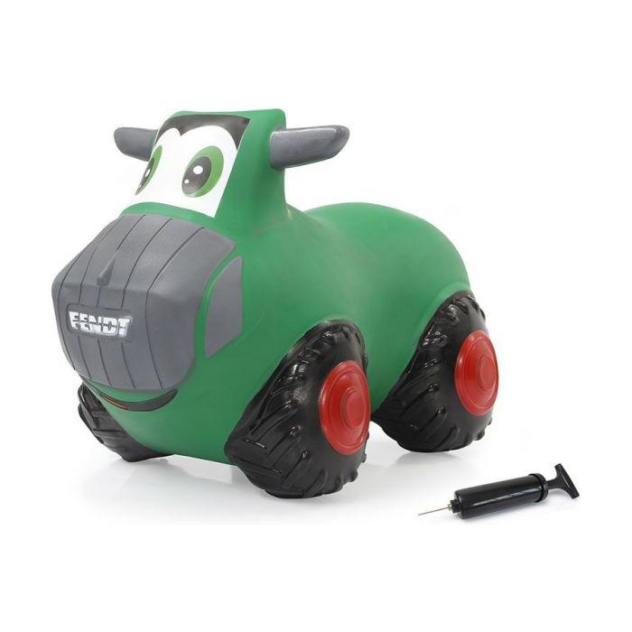 The Fendt bouncing tractor (X991021005000) by AGCO is a green inflatable toy featuring a smiling face, large black wheels with red centers, and comes with a hand pump. It's perfect for developing motor skills and balance in young children.