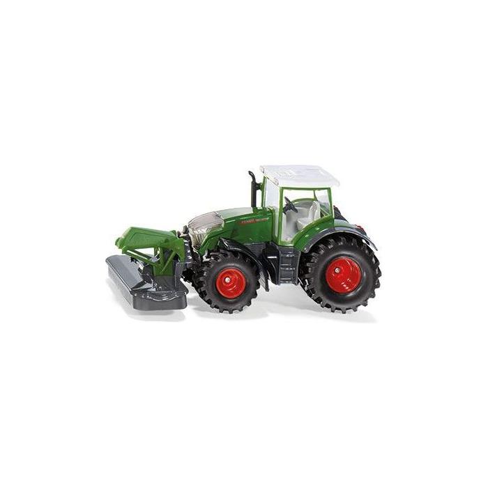 The AGCO Fendt - FENDT 942 Vario with front mower - X991021027000 is a die-cast toy tractor featuring a green body, silver and black details, and red wheels. This large model includes a front-mounted mower attachment and resembles the Tractor of the Year 2020 winner.