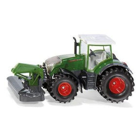 The AGCO Fendt - FENDT 942 Vario with front mower - X991021027000 is a die-cast toy tractor featuring a green body, silver and black details, and red wheels. This large model includes a front-mounted mower attachment and resembles the Tractor of the Year 2020 winner.