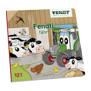 The children's picture book titled "Fendt - Fendt picture book - X991021057000" by AGCO features an illustrated small tractor, cows, and other farm animals. It is recommended for ages 12 months and up.