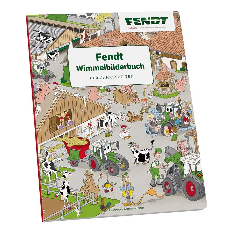 Cover of the hidden object picture book titled "Fendt Wimmelbilderbuch Der Jahreszeiten," from AGCO, featuring a busy farm scene with cows, tractors, farmers, and various animals engaging in different activities. Made from sturdy cardboard, it showcases FENDT characters throughout the vibrant imagery. Product name: Fendt - Fendt hidden object picture book - X991021058000.