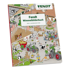 Cover of the hidden object picture book titled "Fendt Wimmelbilderbuch Der Jahreszeiten," from AGCO, featuring a busy farm scene with cows, tractors, farmers, and various animals engaging in different activities. Made from sturdy cardboard, it showcases FENDT characters throughout the vibrant imagery. Product name: Fendt - Fendt hidden object picture book - X991021058000.