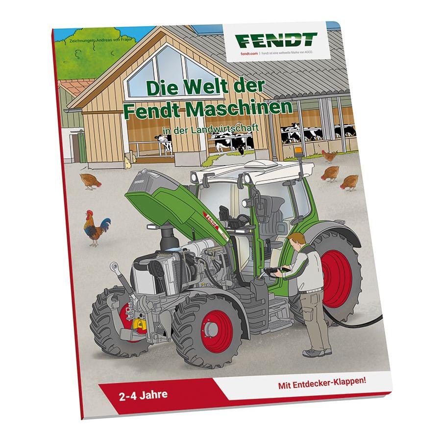 A children's book cover showcasing a green Fendt tractor in front of a barn, titled "Fendt - The world of Fendt machines in agriculture - X991021059000." This AGCO product expertly combines themes of agriculture and adventure, making it ideal for children aged 2-4.