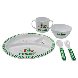 The AGCO Fendt - FENDT tableware set for children (X991021086000) includes a sectioned plate, bowl, double-handled cup, spoon, and fork. Each piece features green and white "Fendt" branding with tractor illustrations. This dishwasher-safe tableware set is perfect for little ones who love Fendt tractors.