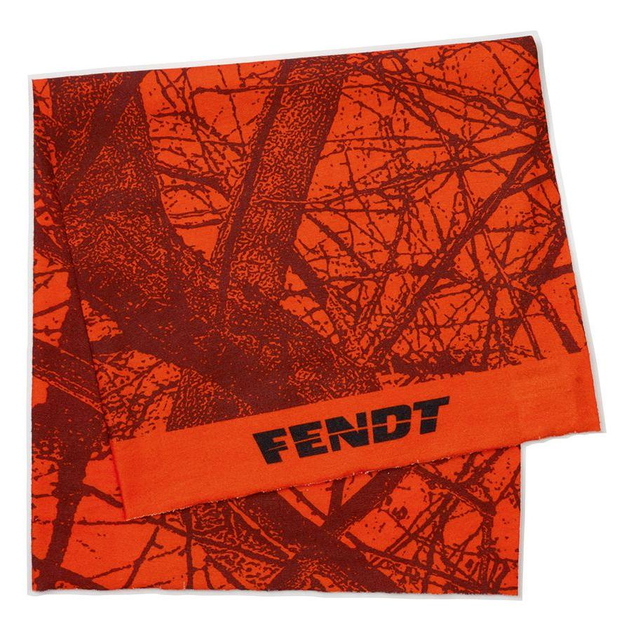 AGCO's Fendt Loop Scarf in camouflage style (X991021097000) sports an orange and black tree branch pattern, making it ideal for outdoor activities. Featuring the word "Fendt" printed in black on one end, this versatile product can also be used as a multifunctional towel.