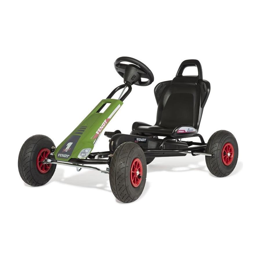 The FENDT Racer GoKart, model number X991021112000 by AGCO, features a sleek black seat, red wheel rims, and durable pneumatic tyres in a striking green and black design. Experience enhanced fun with its FERBEDO sound steering wheel.