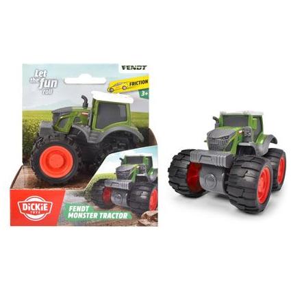 Image of a Fendt - Fendt Monster Tractor - X991021128000 toy by AGCO. The toy is green with an oversized design and bright red wheels, shown both in its packaging and outside. The packaging mentions "friction motor" and "Let the fun roll.