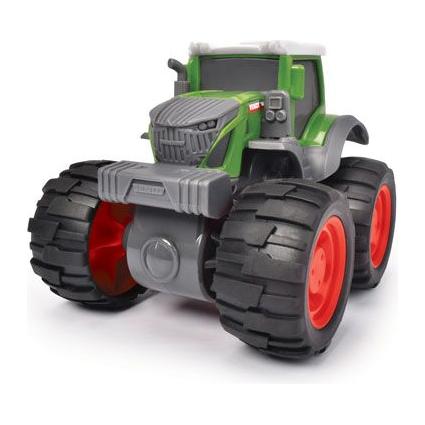 A green and gray AGCO Fendt Monster Tractor (X991021128000) with large black and red wheels is shown from a low front angle against a white background. This toy tractor features a friction motor for extra fun during playtime.