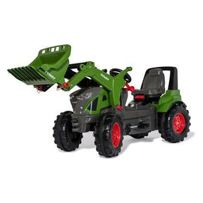 The Fendt 942 Vario by AGCO, featuring a green and gray body with red wheels and a black adjustable seat, also includes a front loader specifically designed for children's enjoyment.