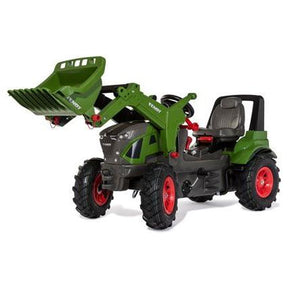 A children's toy tractor modeled after the Fendt 942 Vario, featuring a green and black design with red wheels, front loader, adjustable seat, pneumatic tires, gear shift, and brake. This product is brought to you by AGCO under the name Fendt - Fendt 942 Vario with adjustable seat, pneumatic tyres, front loader, gear shift, brake - X991022010000.