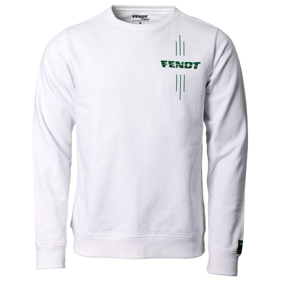 The Fendt - Sweatshirt (Fendt Natural Line) - X99102211C from AGCO features a white crewneck design with the Fendt logo and a green graphic on the upper right chest area, crafted from soft organic cotton in a unisex fit.