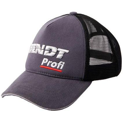 The Fendt - Profi Trucker Cap (X991022173000) by AGCO is a dark grey baseball cap with "FENDT Profi" embroidered on the front in white and red, crafted from sturdy cotton twill for durability.