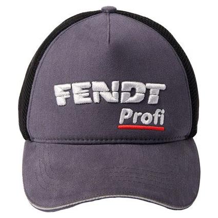 The Fendt - Profi Trucker Cap - X991022173000 by AGCO is crafted from sturdy cotton twill, featuring a dark grey front with black mesh sides and the embroidered "FENDT Profi" logo on the front.