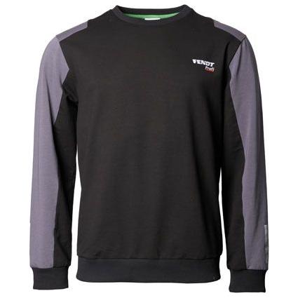 The AGCO Fendt - Profi Sweatshirt (X99102218) is a black long-sleeve sweatshirt featuring grey sleeve panels and a small logo on the left chest area. This sporty-modern, elastic sweatshirt is also washable at 60 degrees.