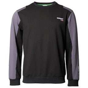 The AGCO Fendt - Profi Sweatshirt (X99102218) is a black long-sleeve sweatshirt featuring grey sleeve panels and a small logo on the left chest area. This sporty-modern, elastic sweatshirt is also washable at 60 degrees.