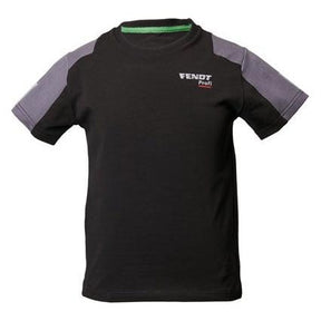 The AGCO Fendt - Children's Profi T-Shirt (X99102218C) is a sporty-modern black short-sleeved shirt featuring gray shoulder panels and a reflective Fendt Profi print on the chest, designed for high wear comfort.