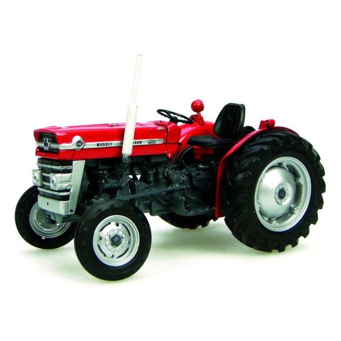 Red Massey Ferguson - MF 135 without cab 1:32 collectible model by AGCO featuring large rear tires, smaller front tires, a white exhaust pipe, and a black seat.