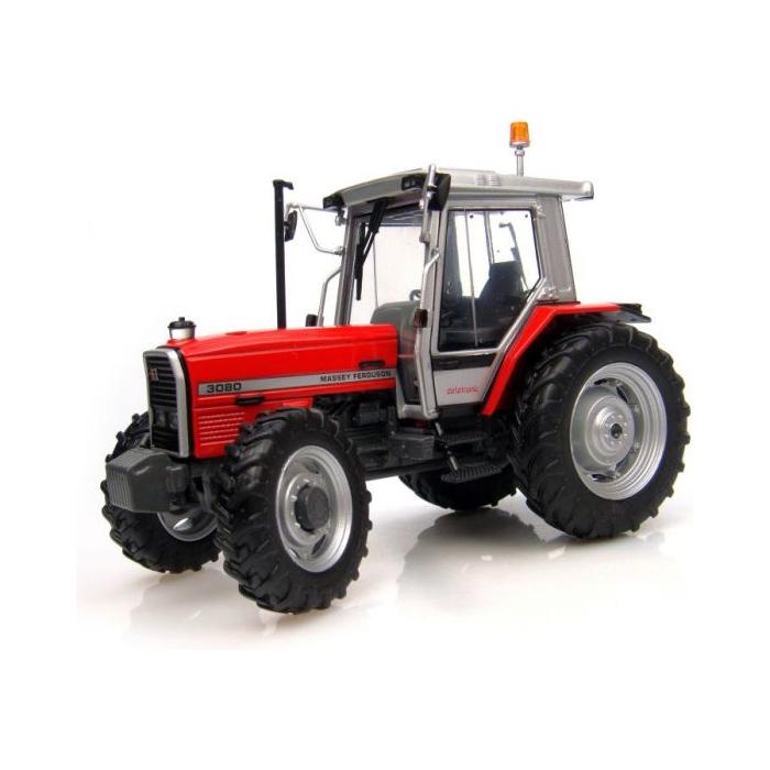 A red Massey Ferguson MF 3080 smart tractor (SCALE 1:32, X993040292000) by AGCO, featuring large black tires, a gray cabin, and a small yellow light on top, is displayed against a plain white background. This model boasts advanced Autotronic systems for superior performance.