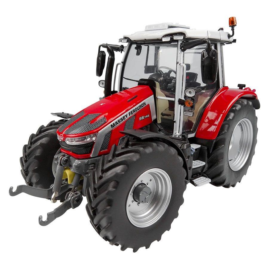 Product: Image of a red Massey Ferguson - MF 5S | 1:32 - X993042106304 farm tractor from the AGCO brand, featuring large front and rear tires, a cabin with clear windows, and various agricultural attachments at the front.