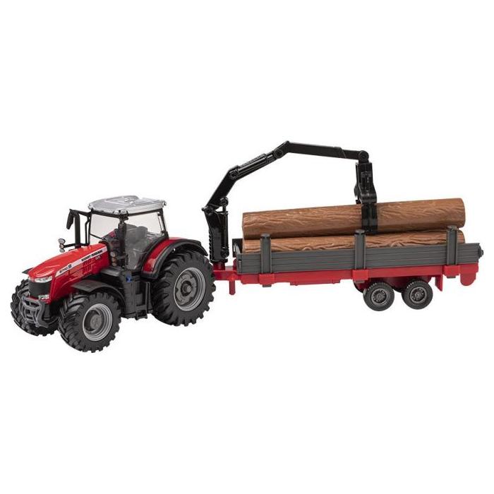 A Massey Ferguson - MF 8740 with Timber Loader and Crane (X993222103000) by AGCO hauling a trailer loaded with large wooden logs, equipped with a mechanical arm for lifting the logs efficiently.