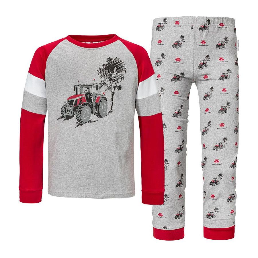 AGCO's Massey Ferguson - Children's Pyjamas MF 8S - X993312215 are crafted from comfortable material, featuring a red and grey long-sleeve shirt with an MF 8S.265 tractor design and matching grey pants adorned with a smaller tractor pattern, complete with ribbed elastane cuffs for added comfort.