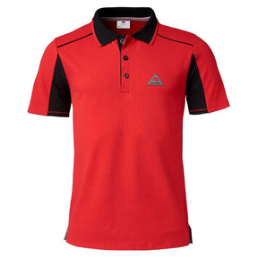 Introducing the AGCO Massey Ferguson Men's Red Polo Shirt (X993322204), designed with a modern flair. This short-sleeve polo features a collar and three buttons along with a small triangular logo on the left chest. Crafted from 100% cotton, it ensures ultimate comfort.