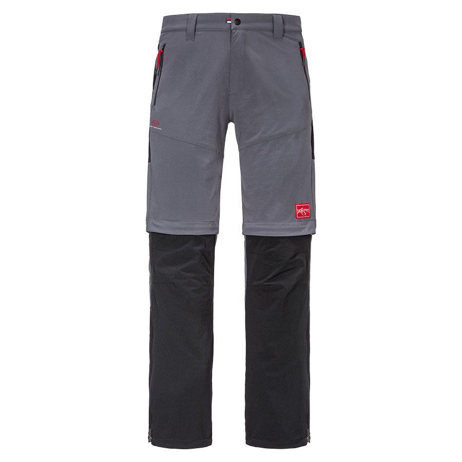 A pair of Massey Ferguson Hiking Trousers (Unisex) by AGCO, model X993322210, featuring two-tone quick-drying fabric with detachable legs. They showcase dark upper sections, light lower sections, red zipper accents, and a red MF logo on the left thigh.