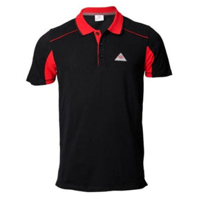 The Massey Ferguson Men's Black Polo Shirt by AGCO features a classic short-sleeve design with a collar and buttoned placket, adorned with stylish red trim and a small triangular logo on the left chest.