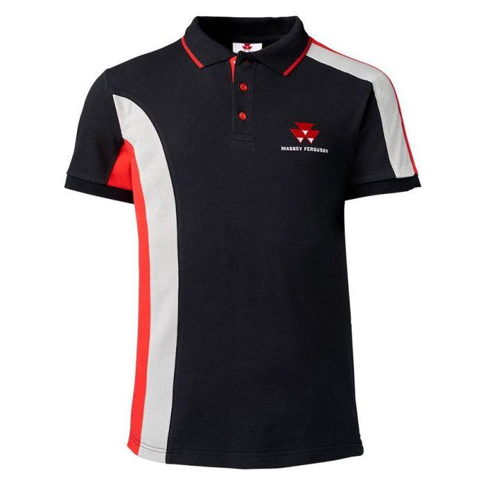 Introducing the AGCO Massey Ferguson MF Poloshirt BLK - X993412004: a stylish black cotton piqué polo shirt adorned with red and gray side stripes and an embroidered red and white logo on the left chest.