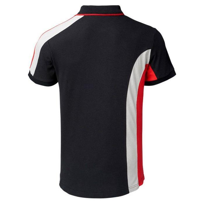 The Massey Ferguson MF POLOSHIRT BLK (X993412004) by AGCO is a black short-sleeve cotton piqué polo shirt featuring white and red curved stripes on the back, red detailing on the sides, and an embroidered logo.