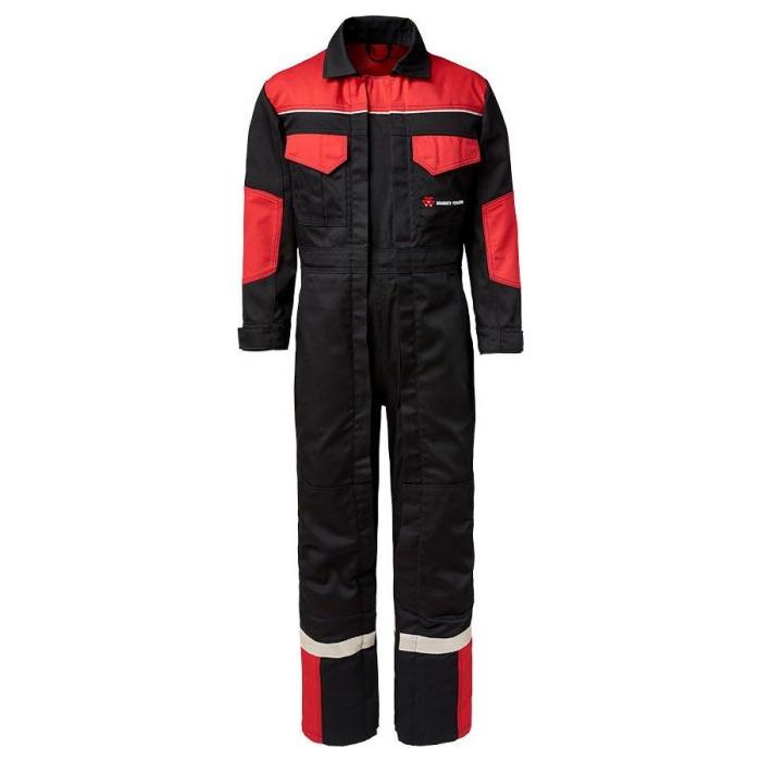 The AGCO Massey Ferguson - Black and Red Children's Double Zip Overalls (X9934520040) feature reflector patches on the legs and a front zipper, designed for durability.