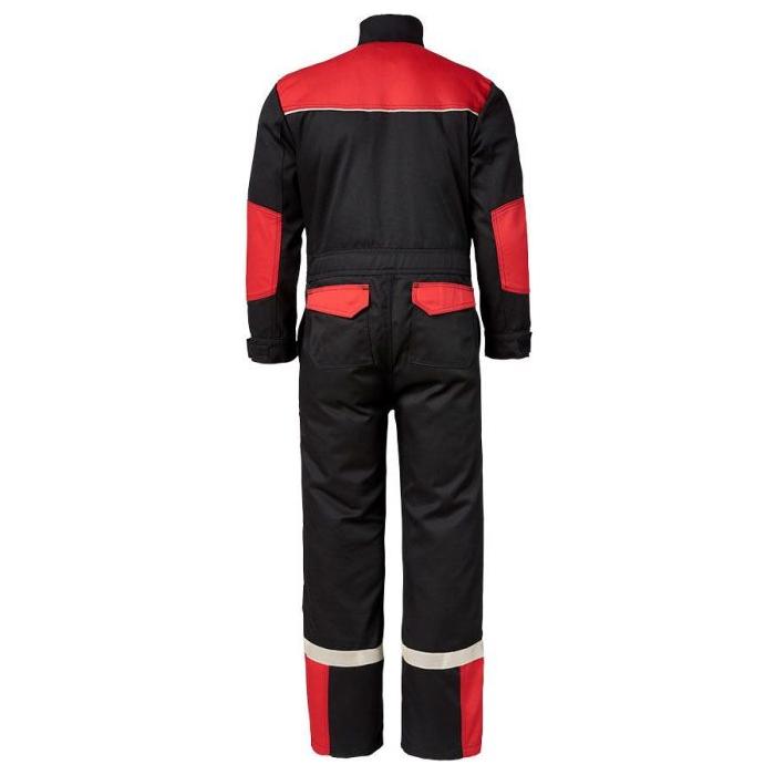 The AGCO Massey Ferguson Black and Red Children's Double Zip Overalls (Product Code: X9934520040) are durable overalls featuring white reflective bands on the legs, along with red patches on the back, elbows, and pockets.