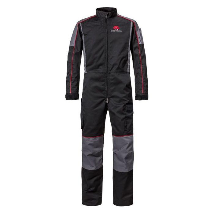 A black and gray full-body racing suit with red accents, featuring a high collar and multiple pockets, displayed on a white background, from the AGCO brand's Massey Ferguson - S Collection Children's Overalls (Product Code: X993482103).