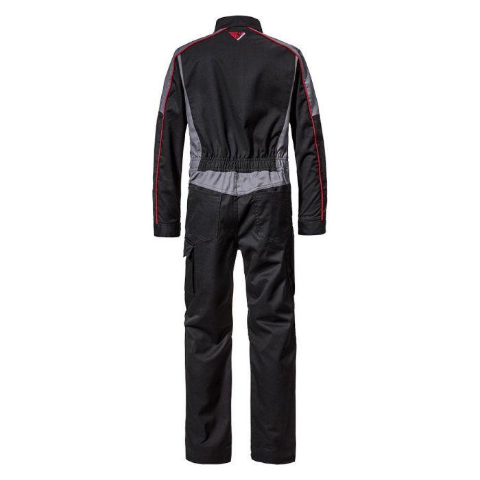 Revised Sentence: Rear view of the AGCO Massey Ferguson - S Collection Children's Overalls, featuring a black and gray modern design with red accents, full-length sleeves, multiple pockets, and a durable zip-up back.